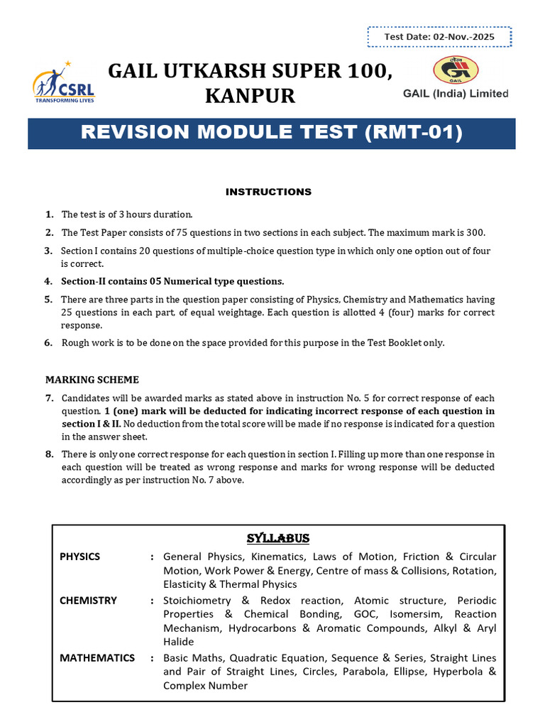 RMT 01 - Question - 02 Nov. 2025 | PDF | Ellipse | Chemistry