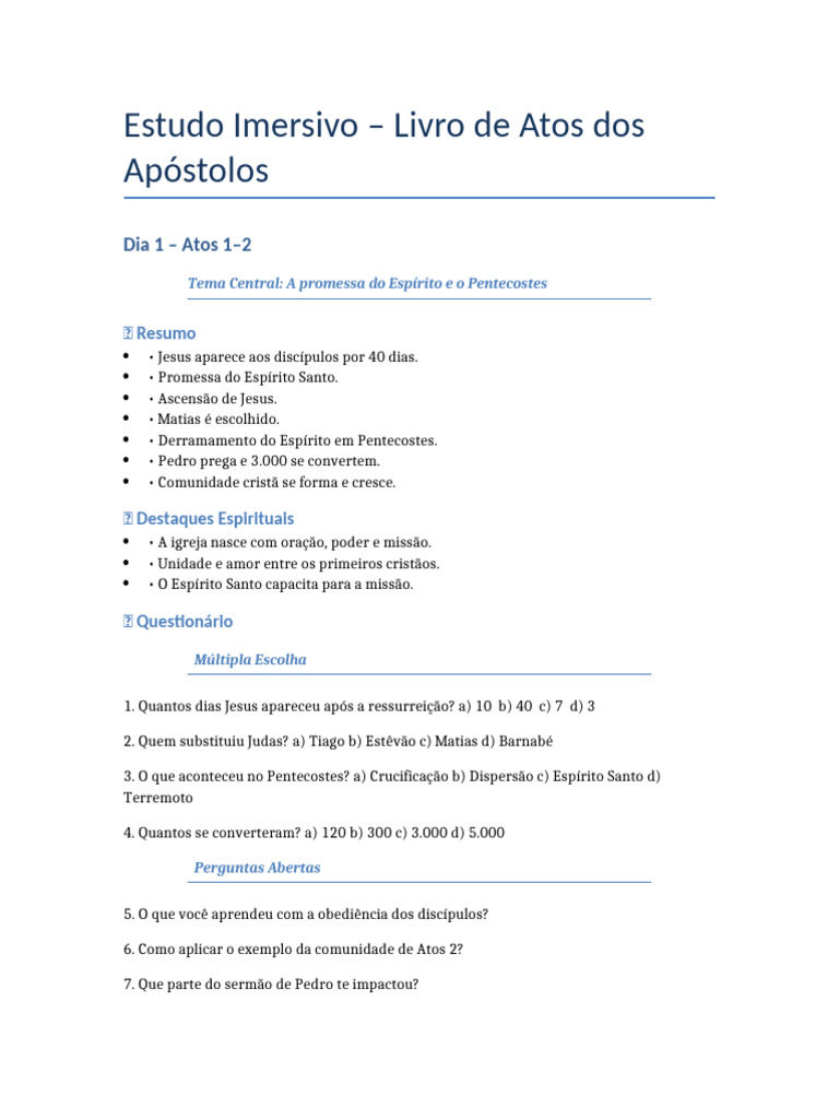 Estudo do Livro de Atos: Pentecostes e Milagres | PDF