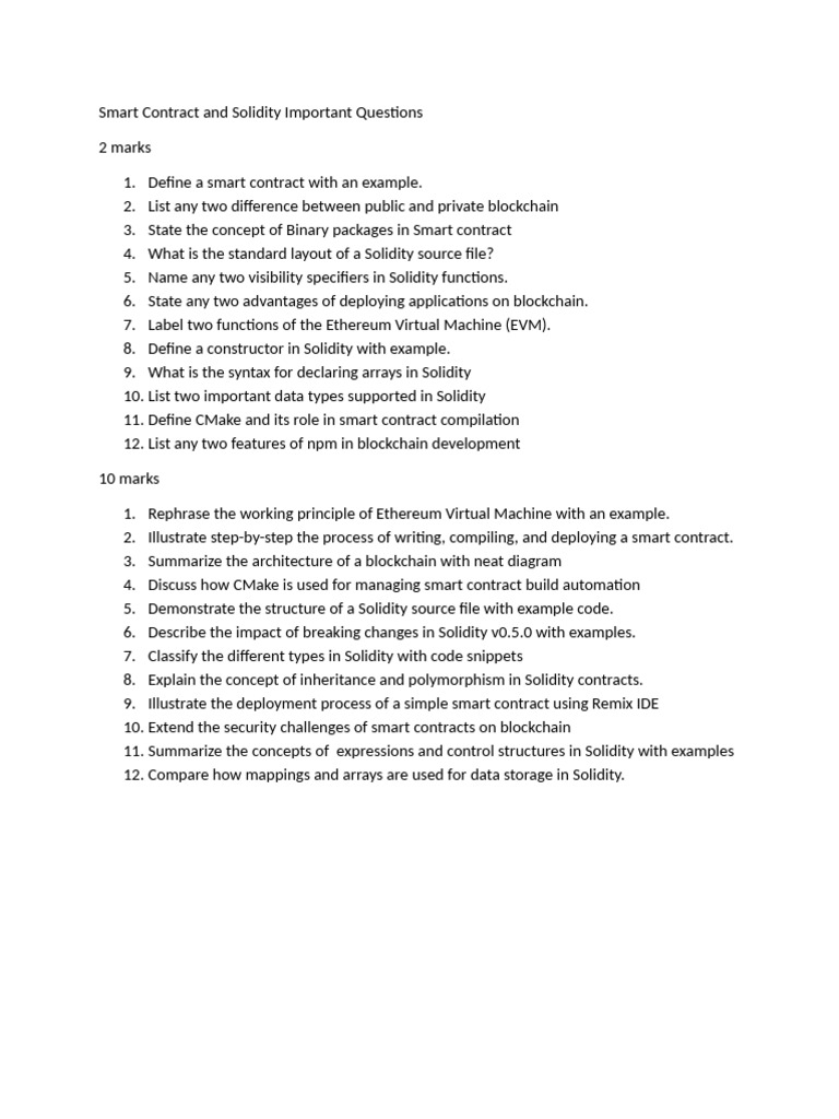Smart Contract and Solidity Important Questions | PDF