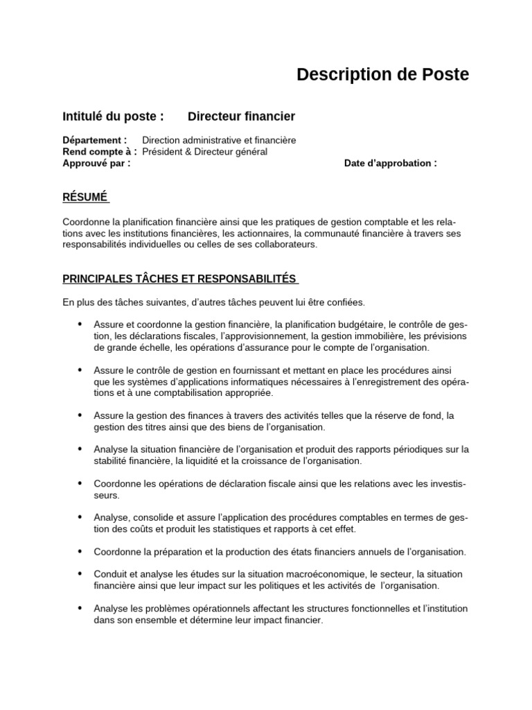 Fiche de Description de Poste - Exemple Du Directeur Financier | PDF ...
