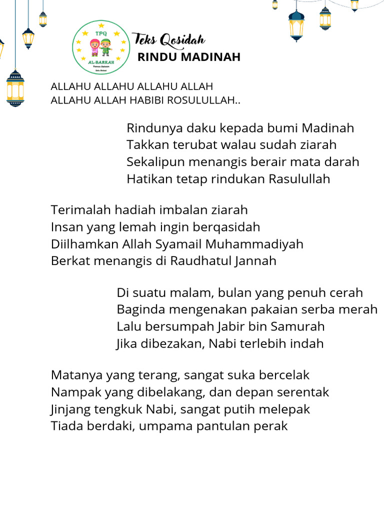 Qosidah Rindu Madinah dan Rasulullah | PDF