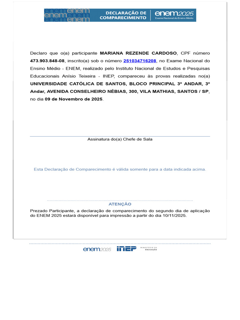 Declaração de Comparecimento ENEM 2025 | PDF