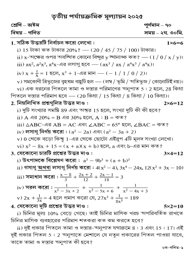 3rd Term VIII Math 2025 | PDF