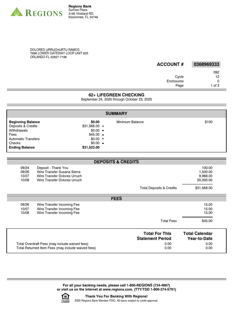 Regions Bank Checking Account Summary | PDF | Banks | Overdraft