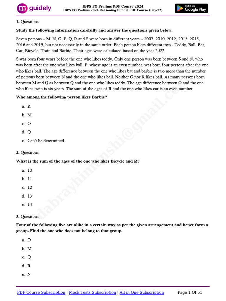 IBPS PO Prelims 2024 Reasoning Bundle PDF Course (Day-22) | PDF ...