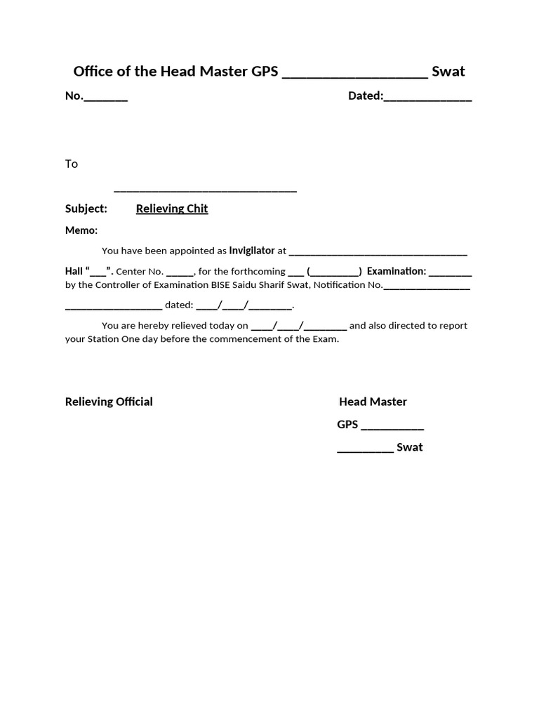 Relieving Chit Format 2025 | PDF