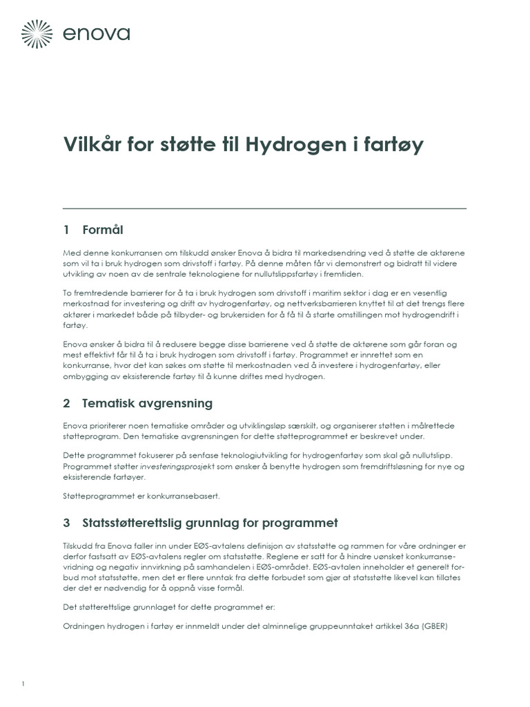 Vilkår For Støtte Hydrogen I Fartøy 1. Oktober 2025 | PDF