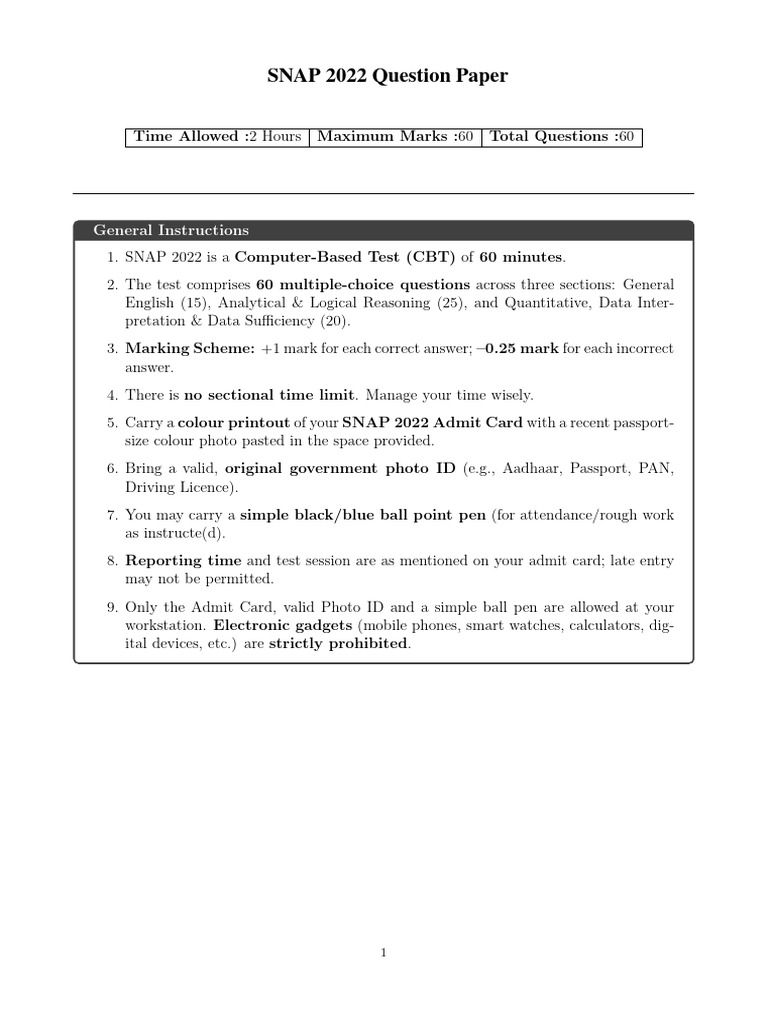 SNAP 2022 Exam Question Paper | PDF | Area | Interest