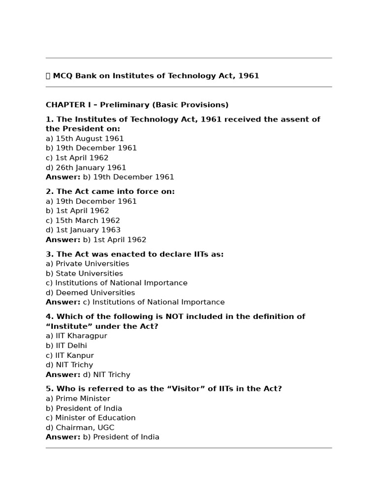 MCQs on Institutes of Technology Act | PDF | Government | Government Of ...