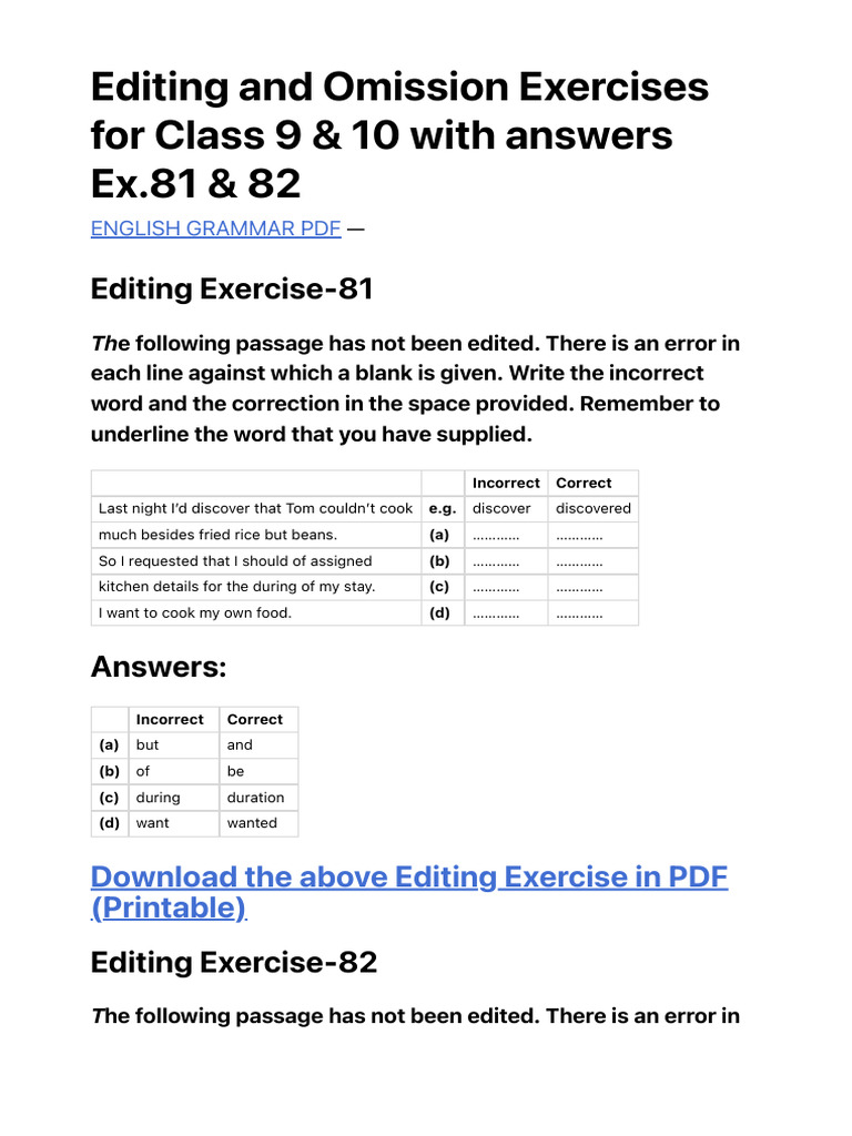 Editing and Omission Exercises For Class 9 & 10 With Answers Ex.81 & 82 ...