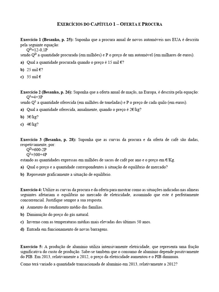 Exercícios de Oferta e Procura Econômica | PDF | Demanda | Equilíbrio ...