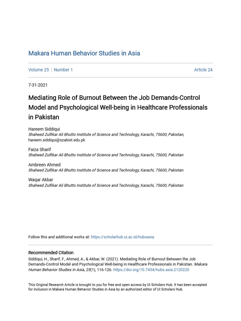 Mediating Role of Burnout Between The Job Demands | PDF | Occupational ...