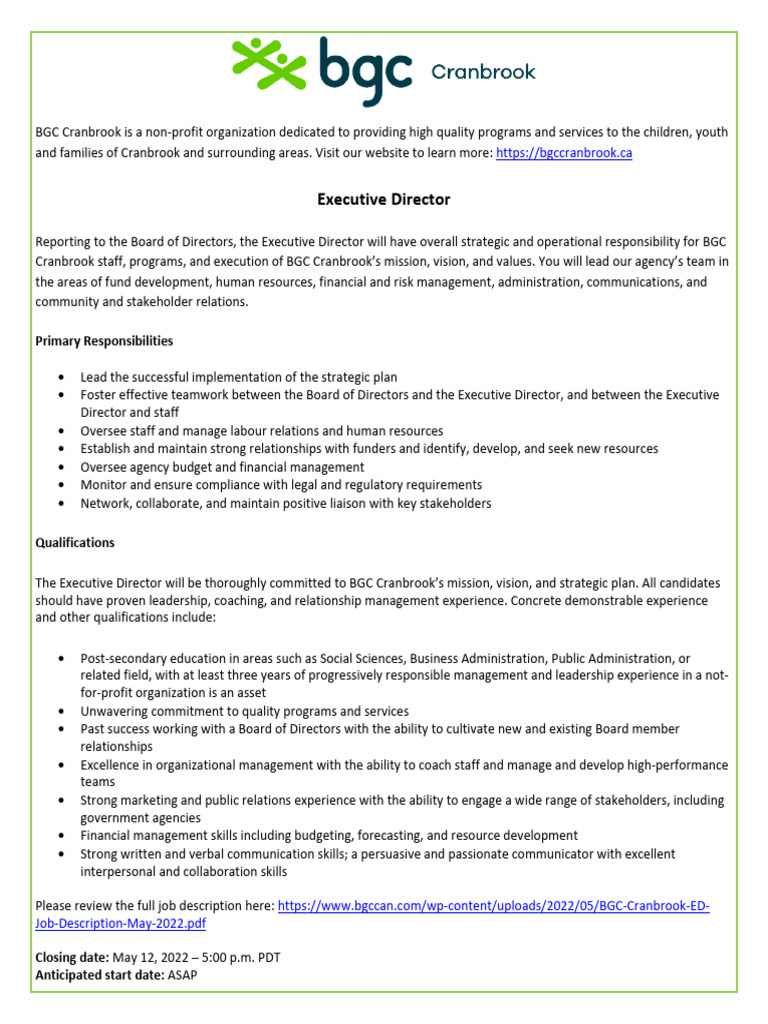 Executive Director Position at BGC Cranbrook | PDF | Strategic Planning ...