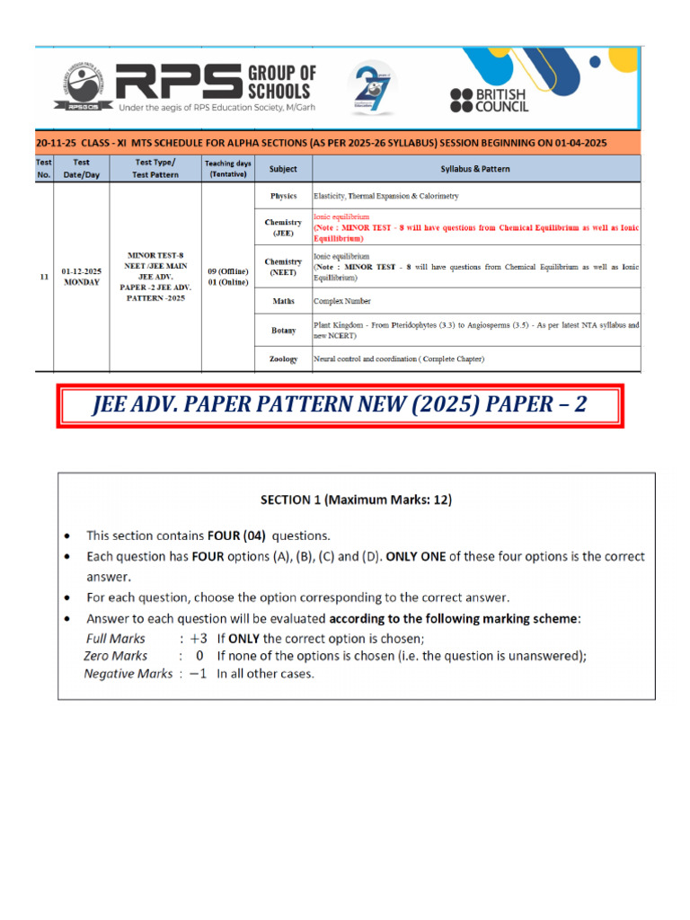 Jee Adv. Xi Minor Test - 8 Syllabus & Pattern 01-12-2025 | PDF