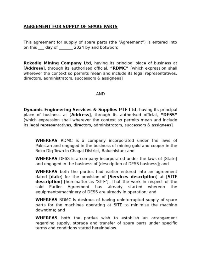 Spare Parts Supply Agreement 2024 | PDF | Insurance | Legal Liability