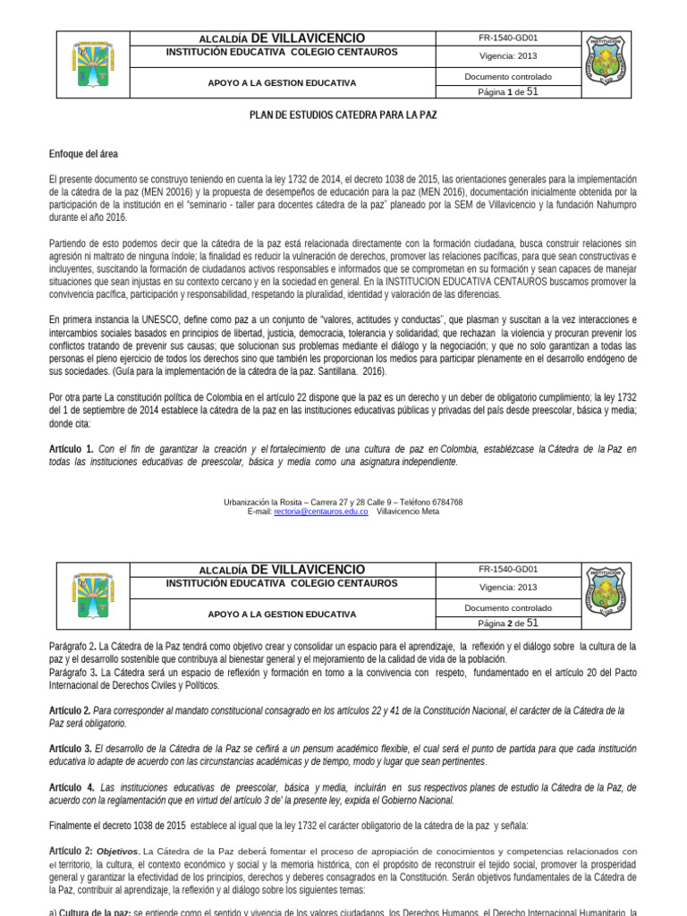 Plan de Estudios: Cátedra para la Paz | PDF | Las emociones | Educación ...