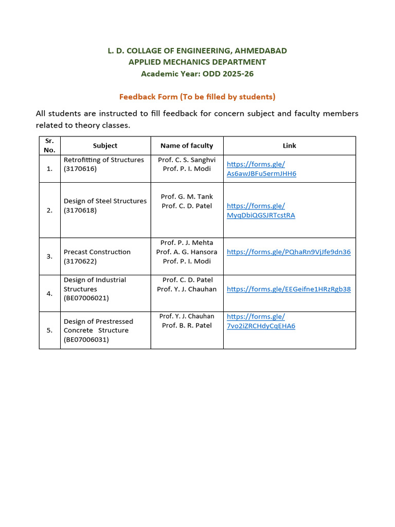 Student Feedback Form for Engineering Courses | PDF