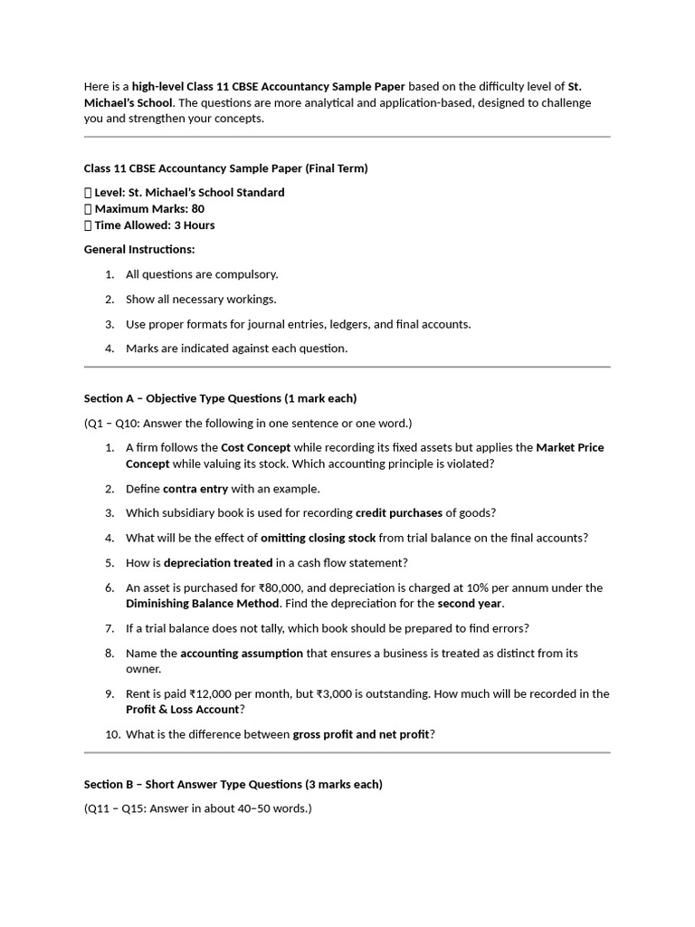 Sample Paper Class 11 | PDF | Expense | Depreciation