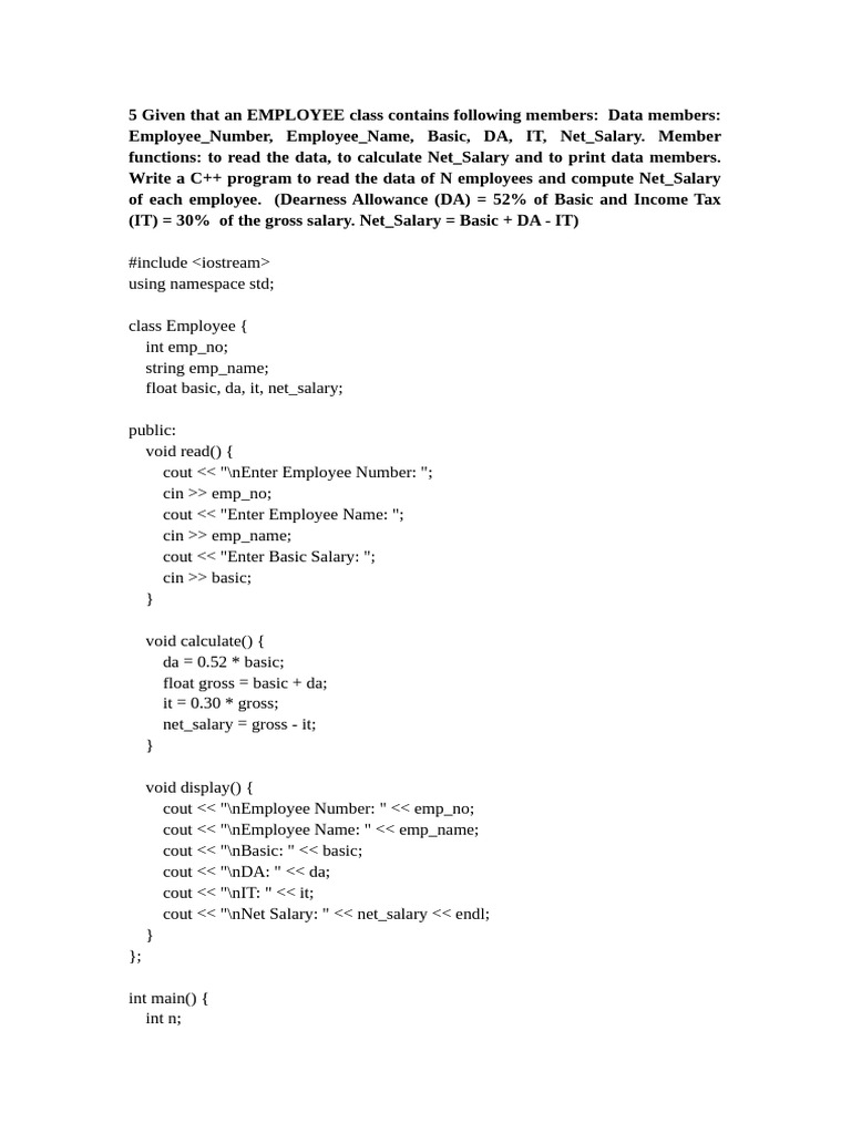 C++ Program to Calculate Employee Salaries | PDF
