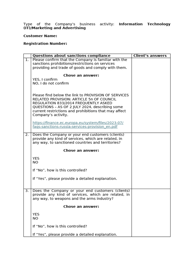 IT, Marketing. AMLCTPF and Sanctions Compliance Questionnaire | PDF ...