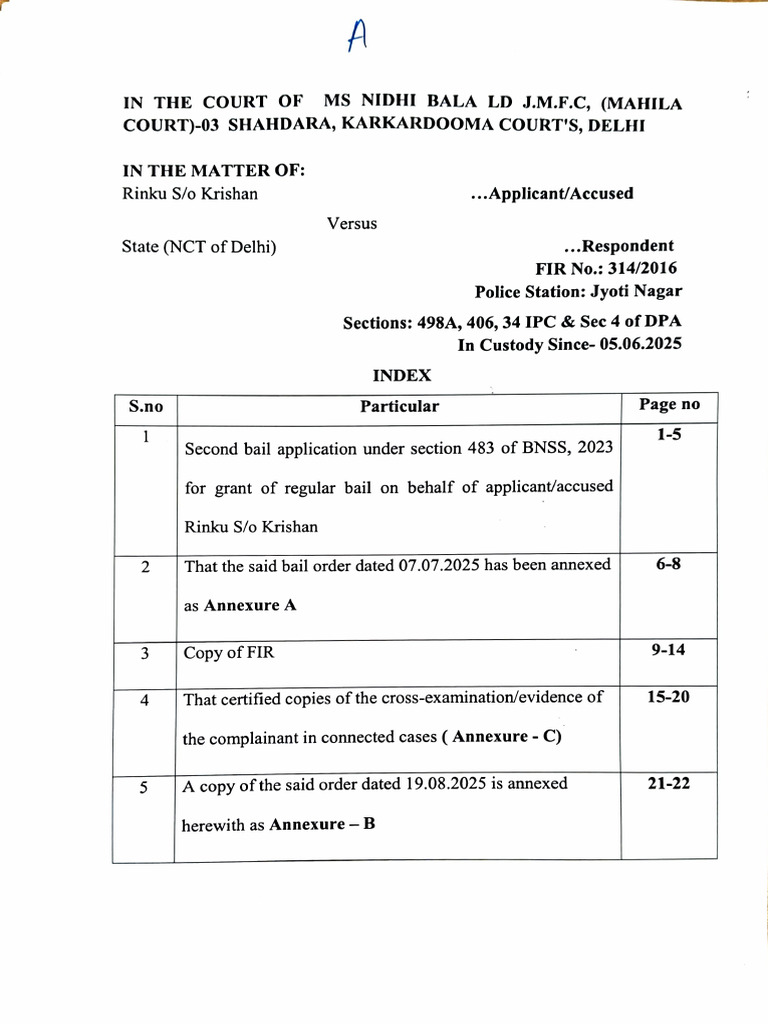 Second Bail Application for Rinku S/o Krishan | PDF | Bail | Public Law