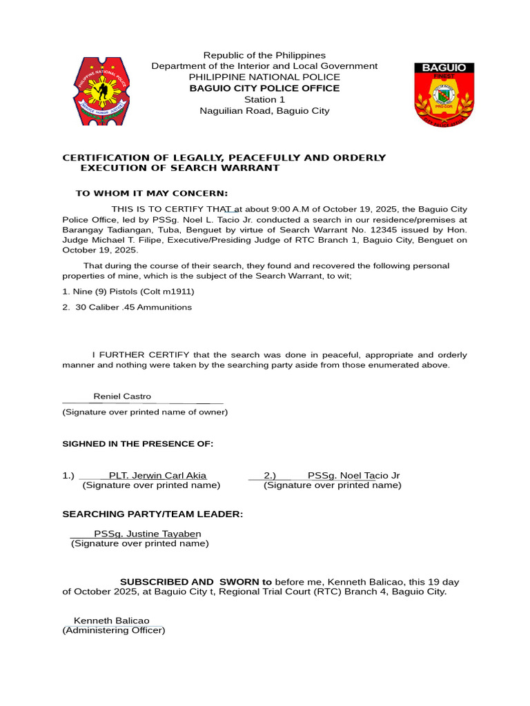 Certification of Search Warrant Execution | PDF