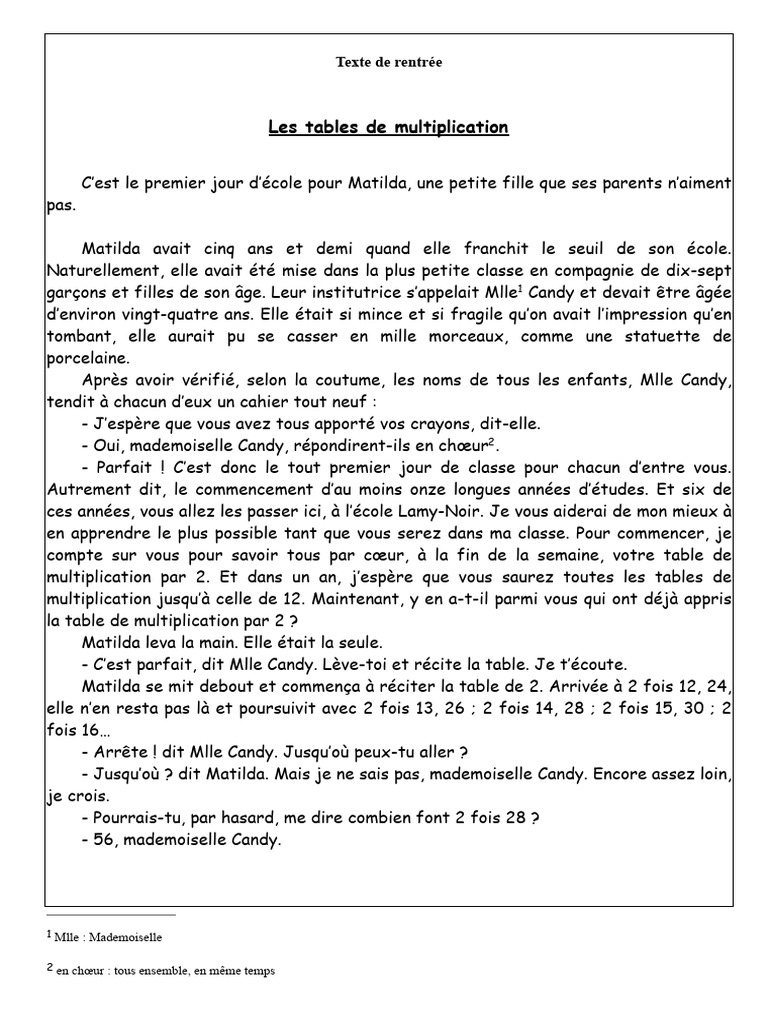 Matilda : Rentrée et tables de multiplication | PDF