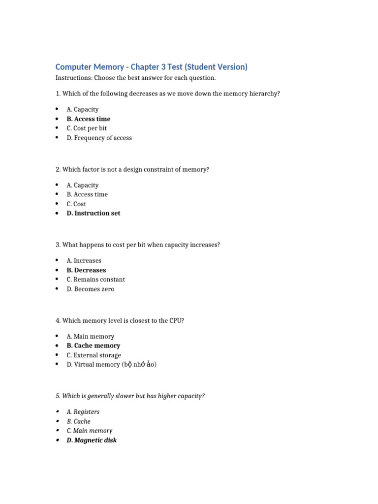 Computer Memory Chapter 3 Test Guide | PDF | Cpu Cache | Hard Disk Drive