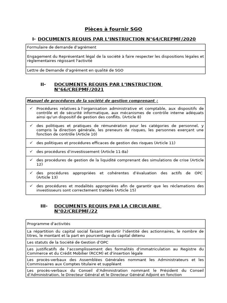 Documents requis pour SGO et FCP | PDF | Logiciel | Contrôle interne