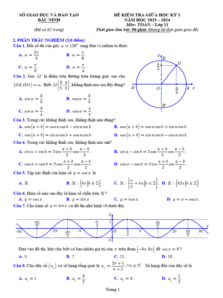 De Kiem Tra Giua Hoc Ky 1 Toan 11 Nam 2023 2024 So GDDT Bac Ninh | PDF
