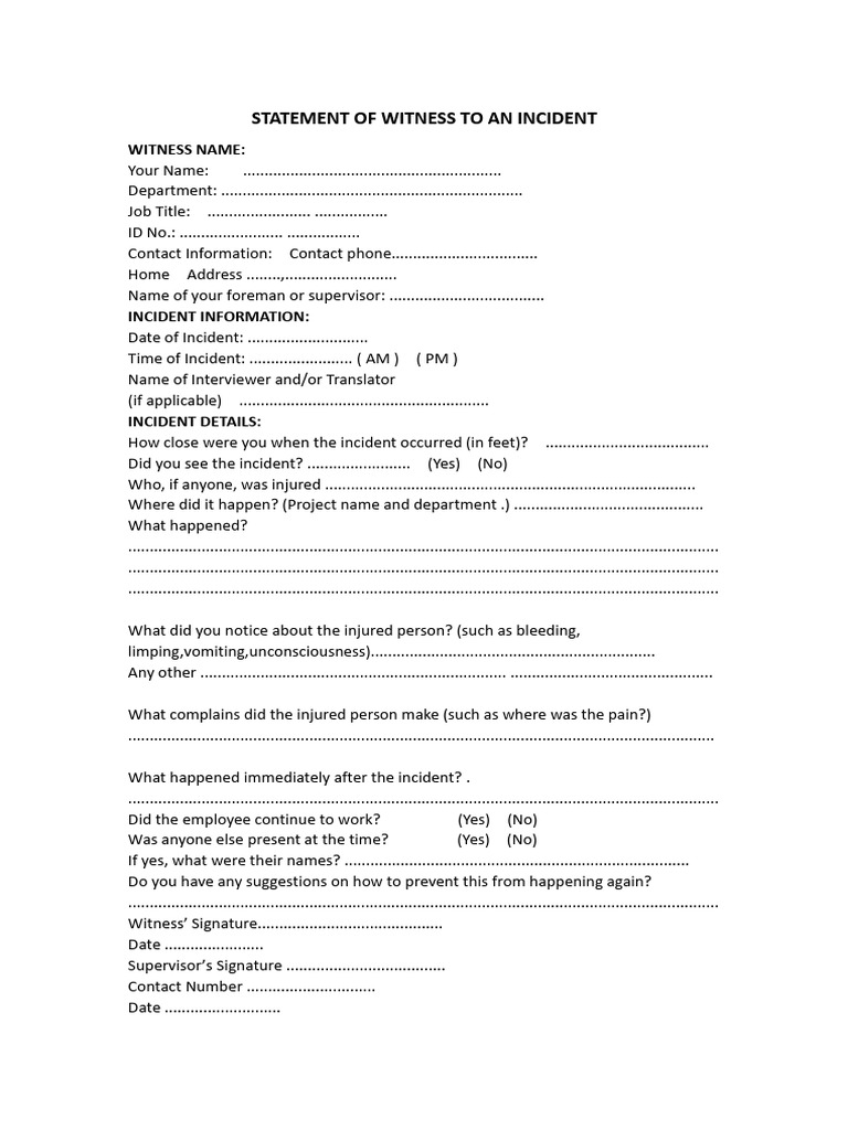 Witness Statement Form for Incident Reporting | PDF