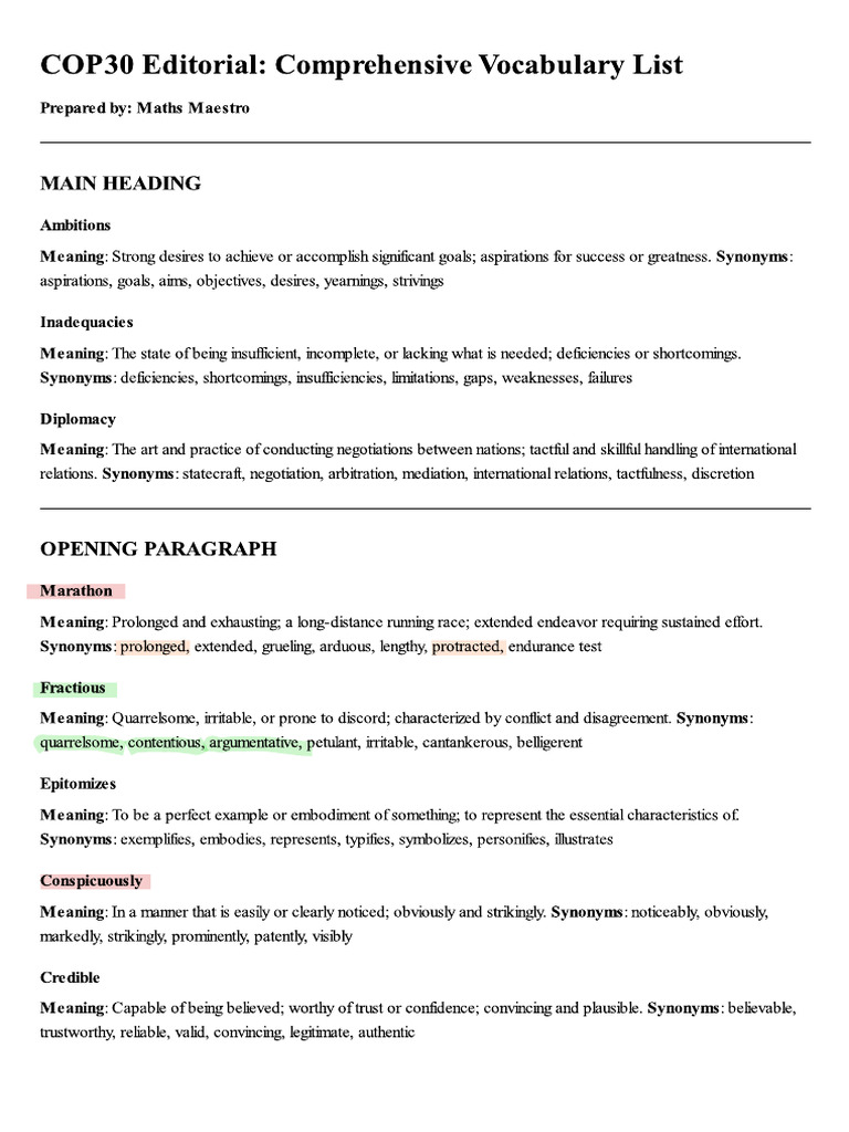 COP30 Editorial Comprehensive Vocabulary List | PDF