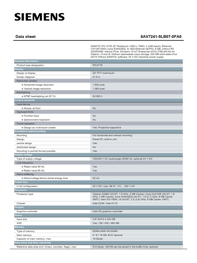 Siemens SIMATIC IPC 477E Data Sheet | PDF | Electromagnetic ...