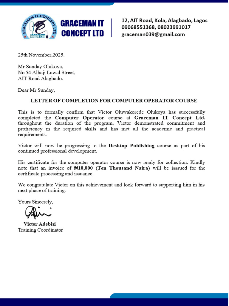 Letter of Completion of Computer Operator New One 2 | PDF