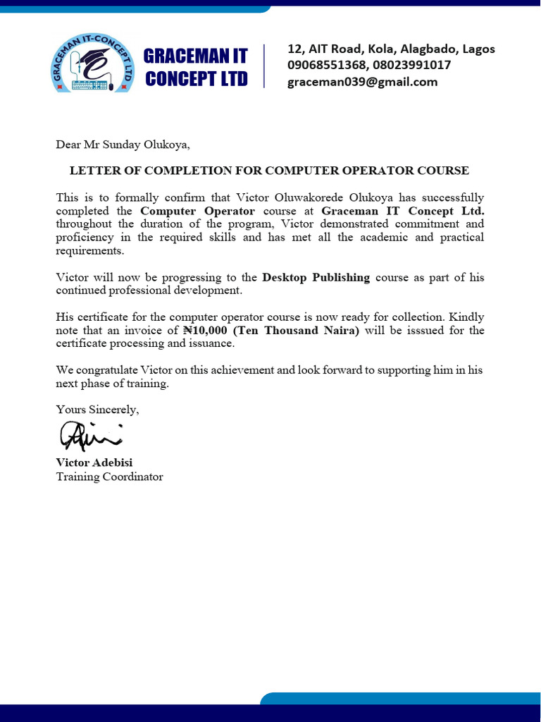 Letter of Completion of Computer Operator | PDF