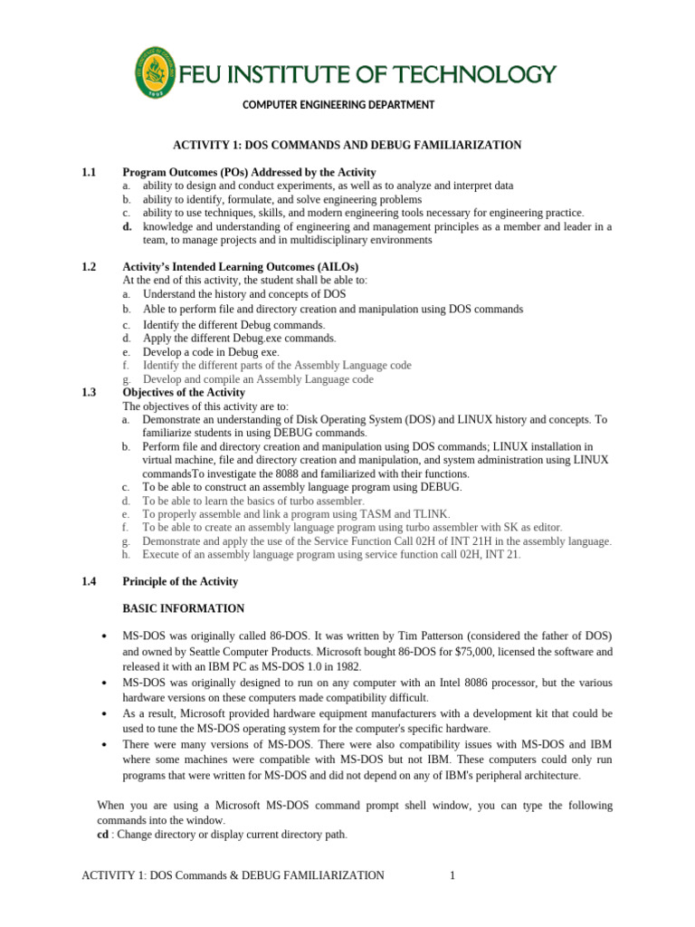 DOS Commands and Debug Familiarization | PDF | Assembly Language ...