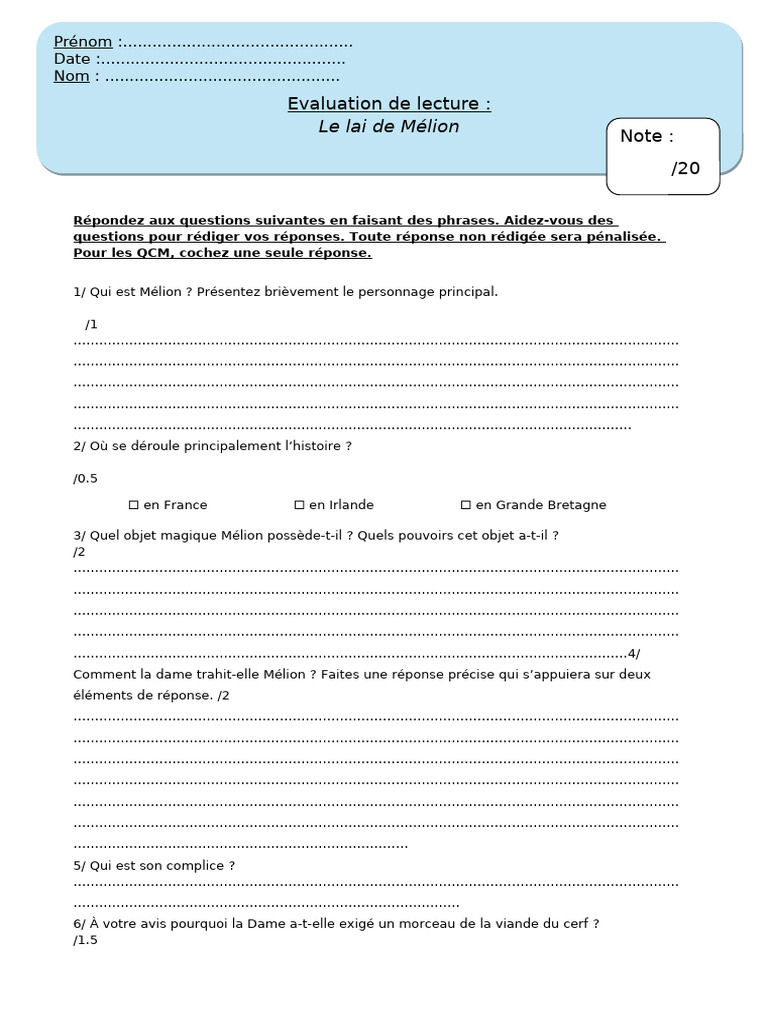 Questions sur Le Lai de Mélion | PDF