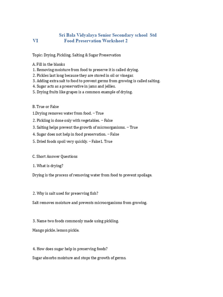 Food Preservation Techniques Worksheet | PDF