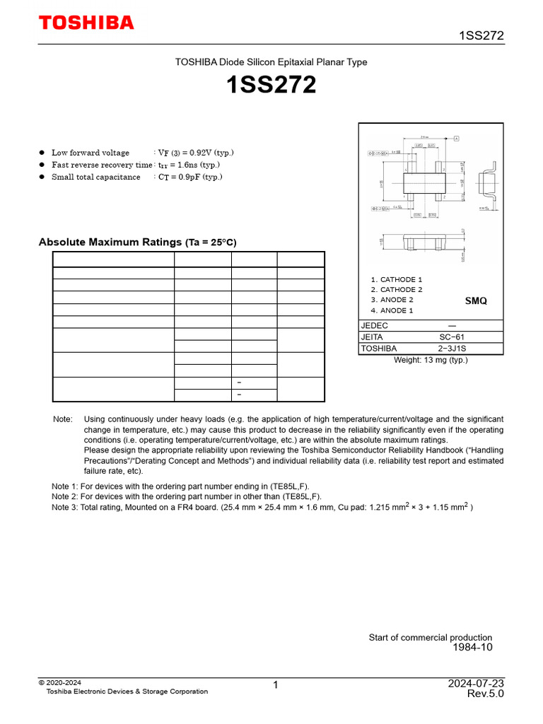 Toshiba 1SS272 Diode Specifications | PDF | Diode | Reliability Engineering