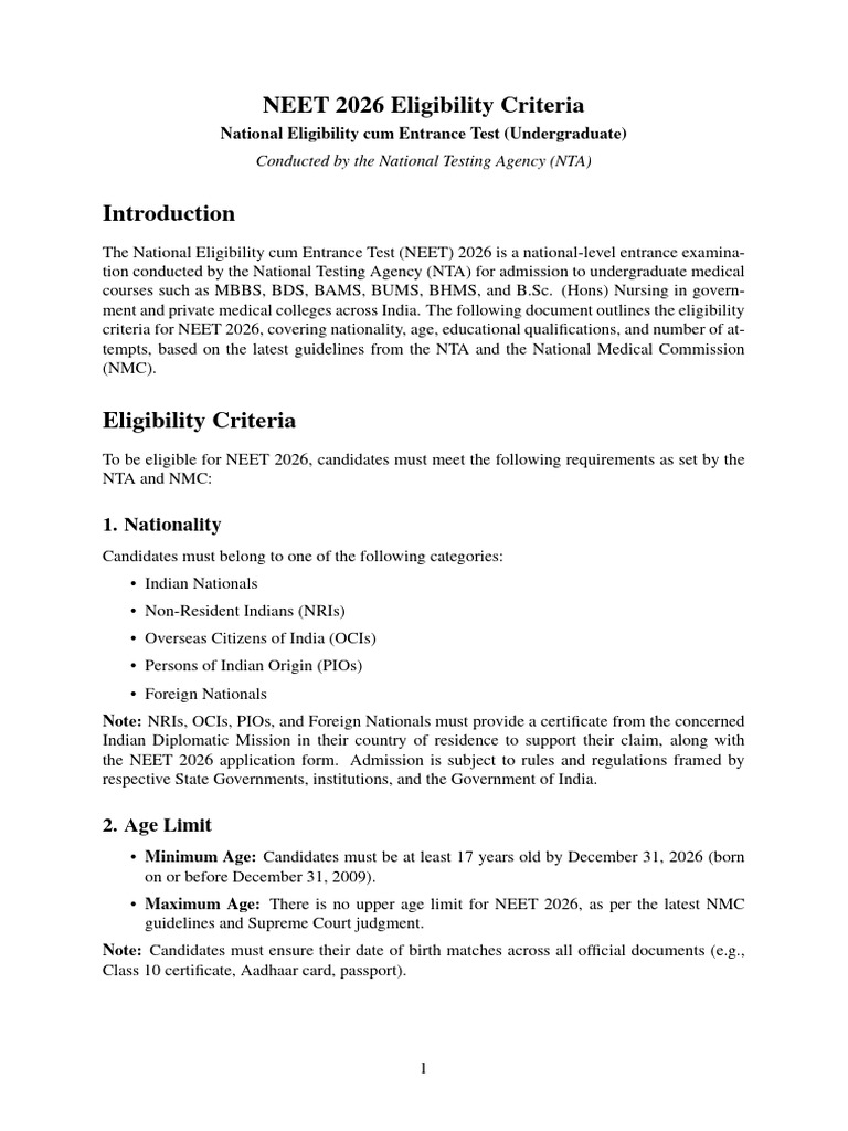 NEET 2026 Eligibility Criteria Explained | PDF | University And College ...
