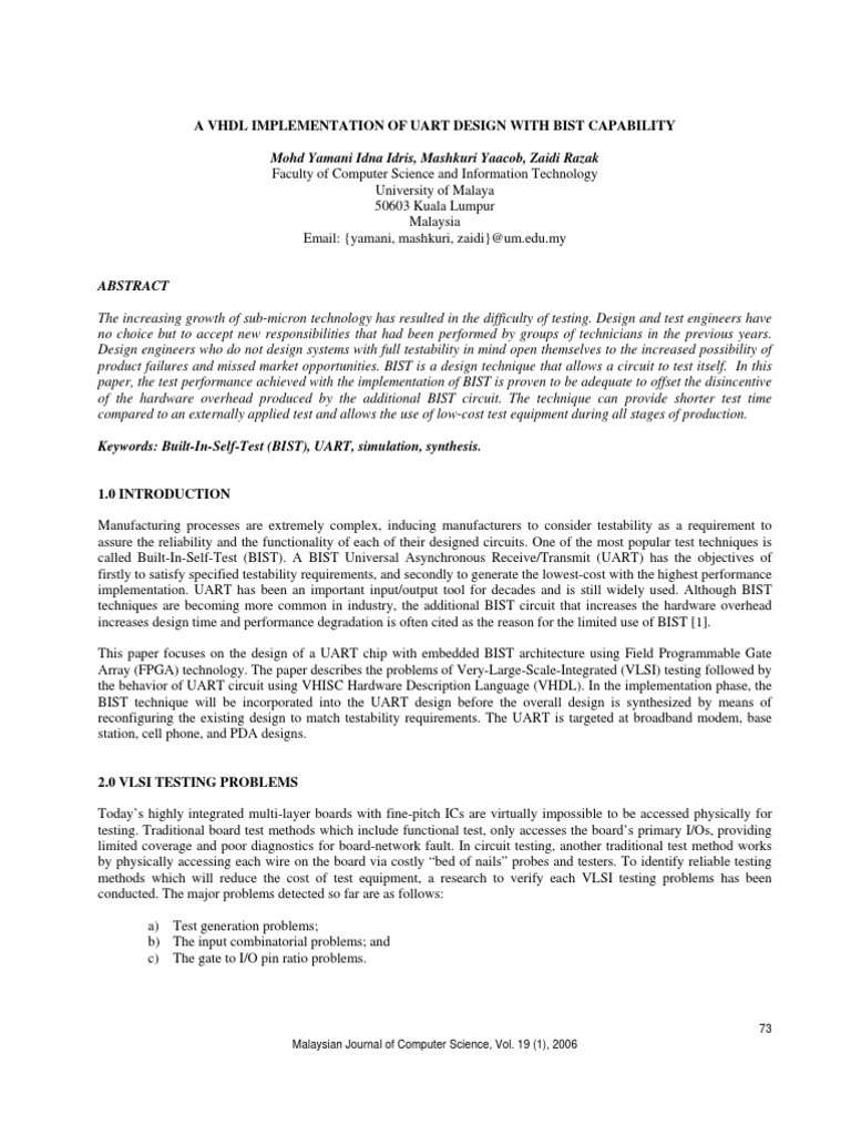 A VHDL Implementation of UART Design With BIST Capability | PDF