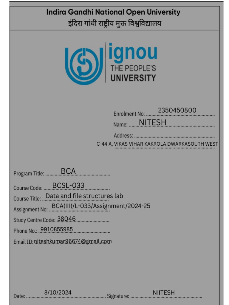 Bcsl-033 Data and File Structure Lab (N) | PDF