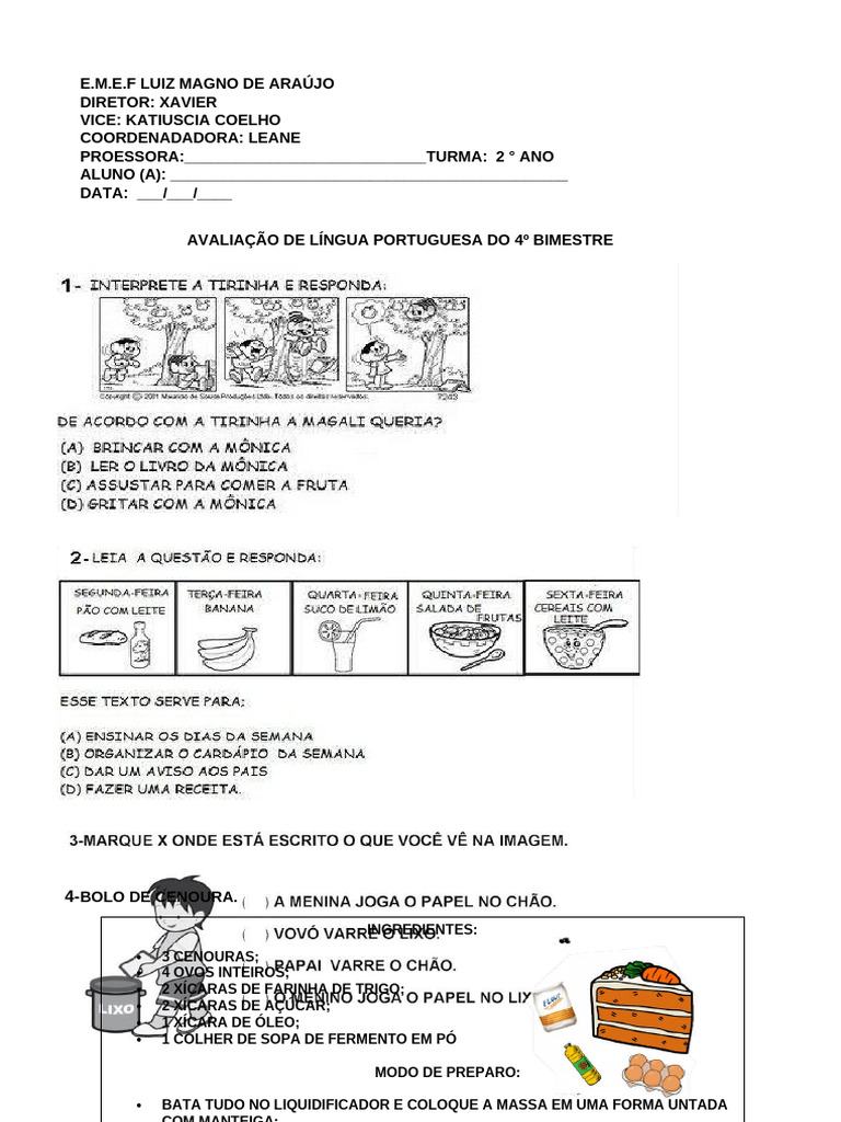 Avaliação de Língua Portuguesa 2º Ano | PDF