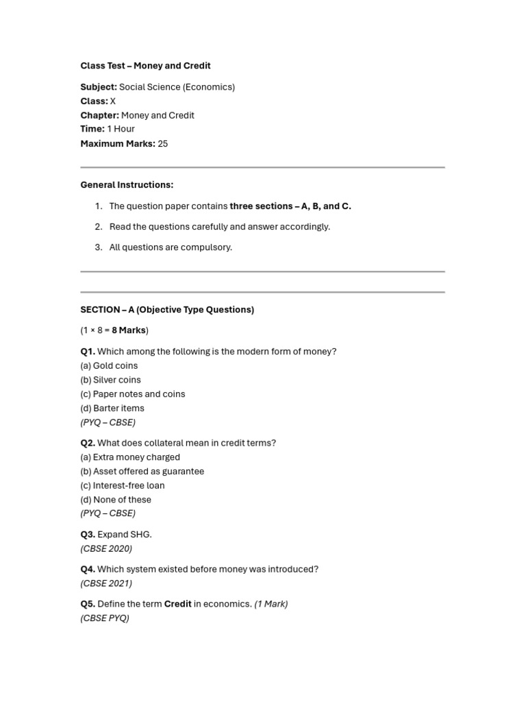 Money and Credit Test | PDF
