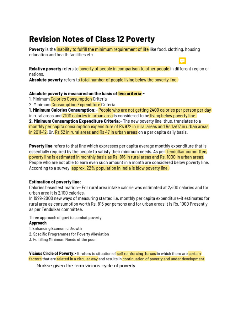 Revision Notes of Class 12 Poverty | PDF | Poverty Threshold | Poverty