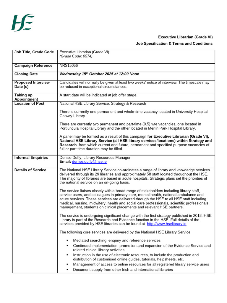 Executive Librarian Job Specification | PDF | Libraries | Occupational ...