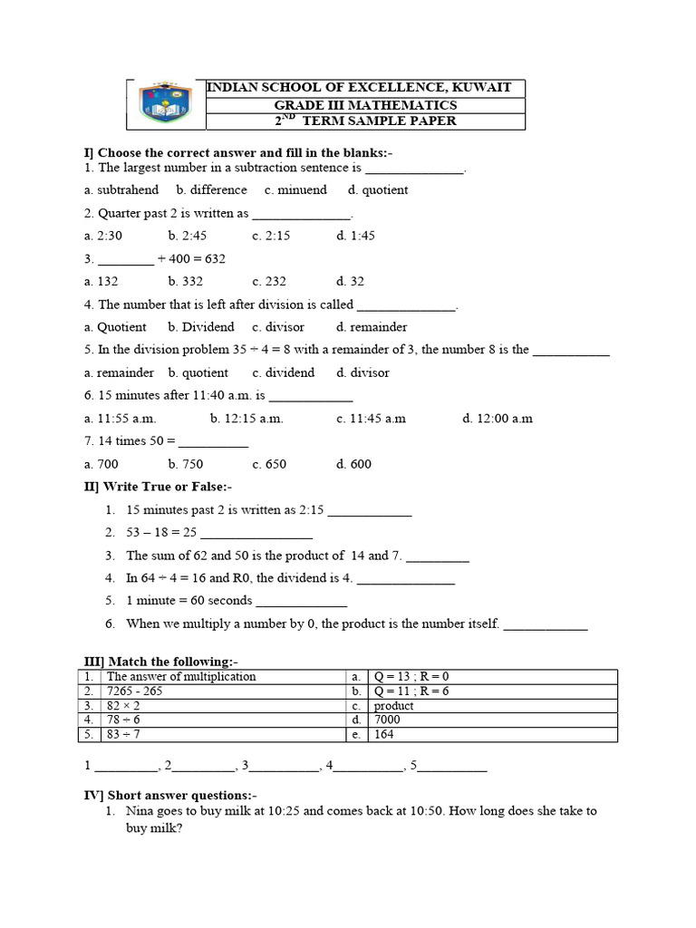 Grade III Math Sample Paper - Kuwait | PDF | Subtraction | Division ...
