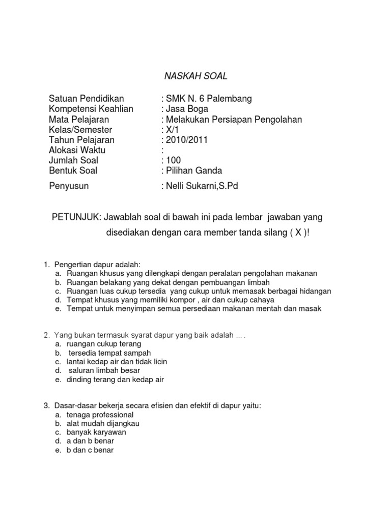 Soal Melakukan Persiapan Pengolahan Mpp