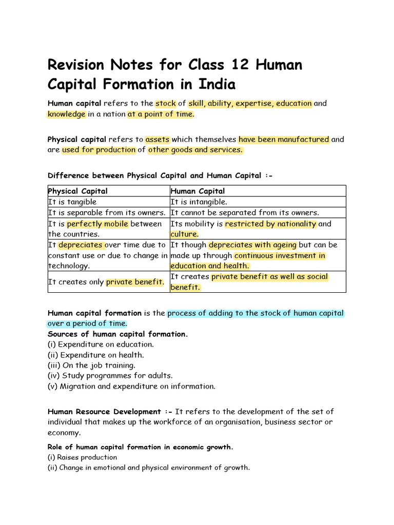 Revision Notes for Class 12 Human Capital Formation in India-LAPTOP ...