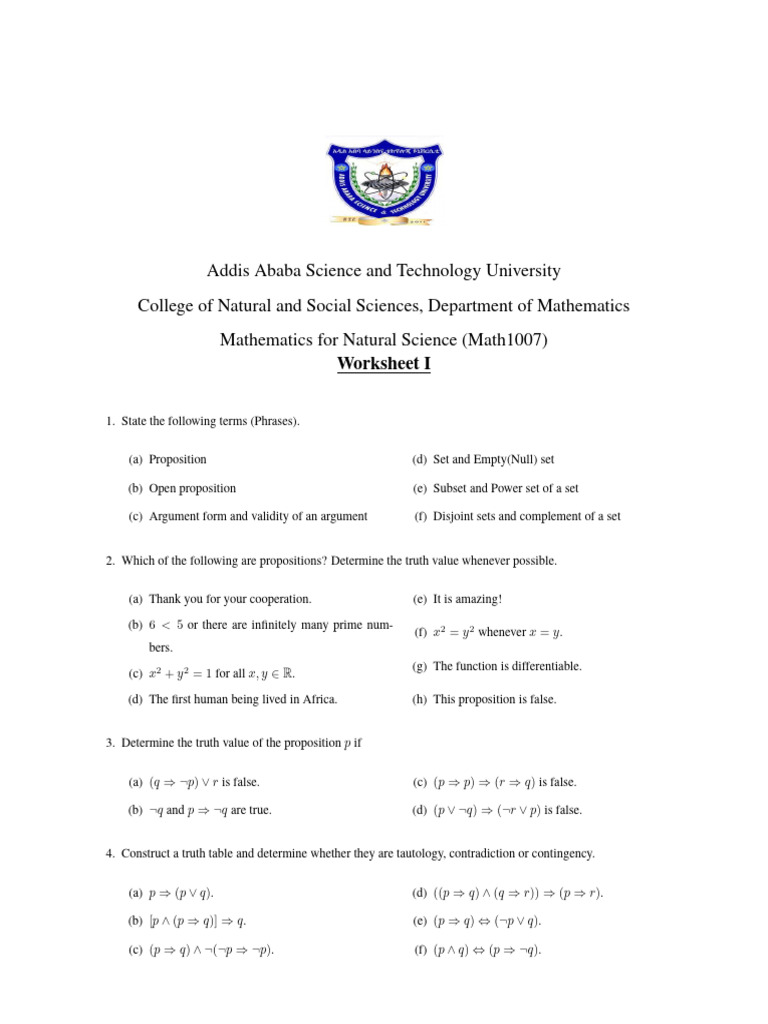 Mathematics Worksheet for Natural Sciences | PDF | Logic | Mathematical ...